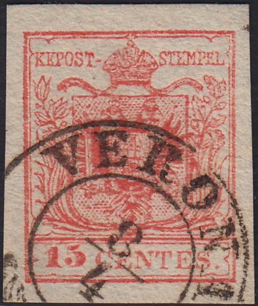 LV389 - 1850 - I emissione c. 15 rosso III tipo carta a mano usato CO di Verona (6)