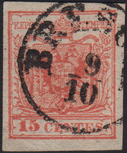 LV392 - 1850 - I emissione c. 15 rosso salmone III tipo carta a mano usato Brescia (6d)