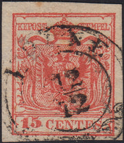 LV393 - 1850 - I emissione c. 15 rosso salmone III tipo carta a mano usato 2CO Udine (6d, punti 7)