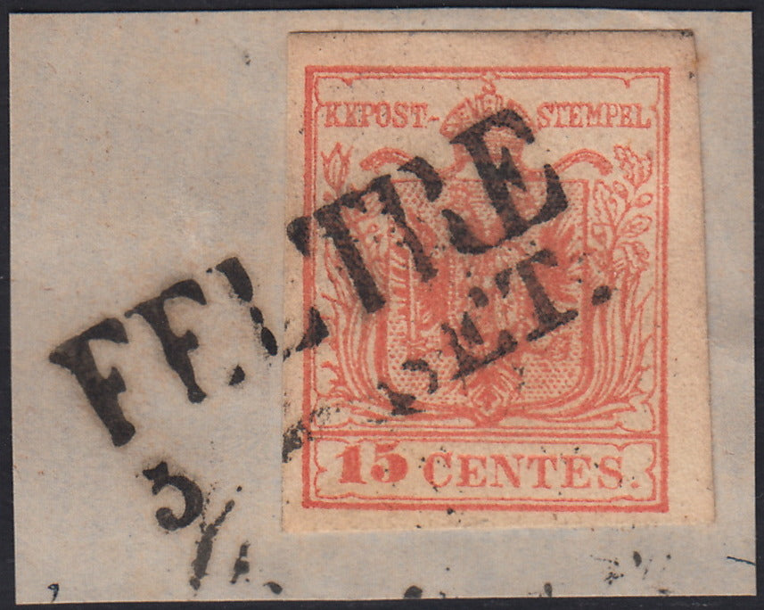 LV402 - 1854 - I emissione c. 15 rosso III tipo carta a macchina usato Feltre (20)