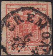 LV407 - 1850 - I emissione c. 15 rosso vivo III tipo carta a mano usato CREMONA (6b)