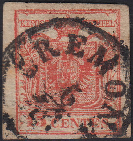 LV407 - 1850 - I emissione c. 15 rosso vivo III tipo carta a mano usato CREMONA (6b)
