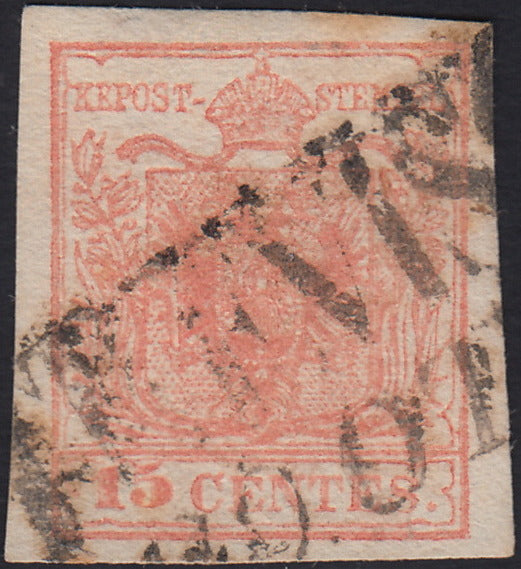 LV409 - 1850 - I emissione c. 15 rosa III tipo carta a mano usato TREVISO (6)