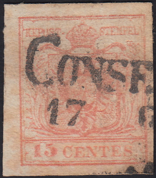 LV411 - 1850 - I emissione c. 15 rosa III tipo carta a macchina usato Conselve (20)