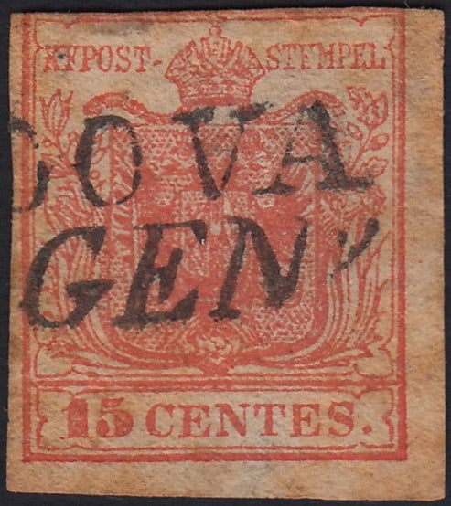 LV412 - 1850 - I emissione c. 15 rosso I tipo carta a mano usato PADOVA (3)