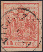 LV409 - 1850 - I emissione c. 15 rosso carminio chiaro III tipo carta a mano usato VICENZA (6h)