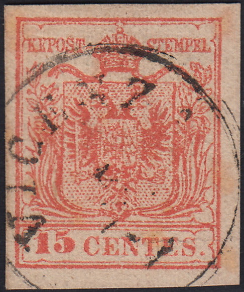 LV409 - 1850 - I emissione c. 15 rosso carminio chiaro III tipo carta a mano usato VICENZA (6h)