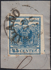 LV418 - 1850 - I emissione c. 45 azzurro III tipo usato su frammento (12).