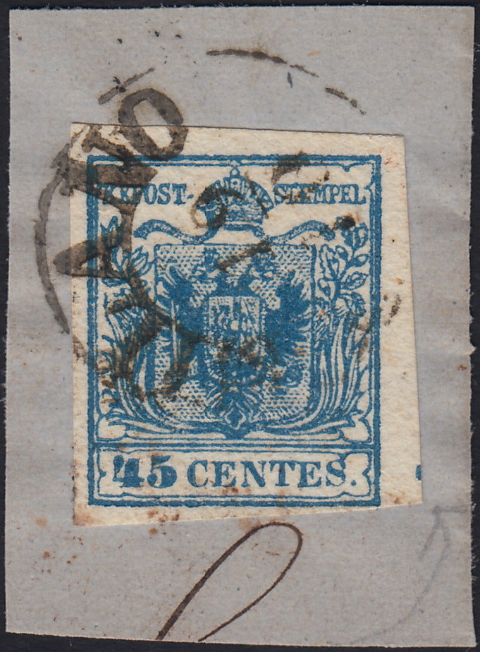 LV418 - 1850 - I emissione c. 45 azzurro III tipo usato su frammento (12).