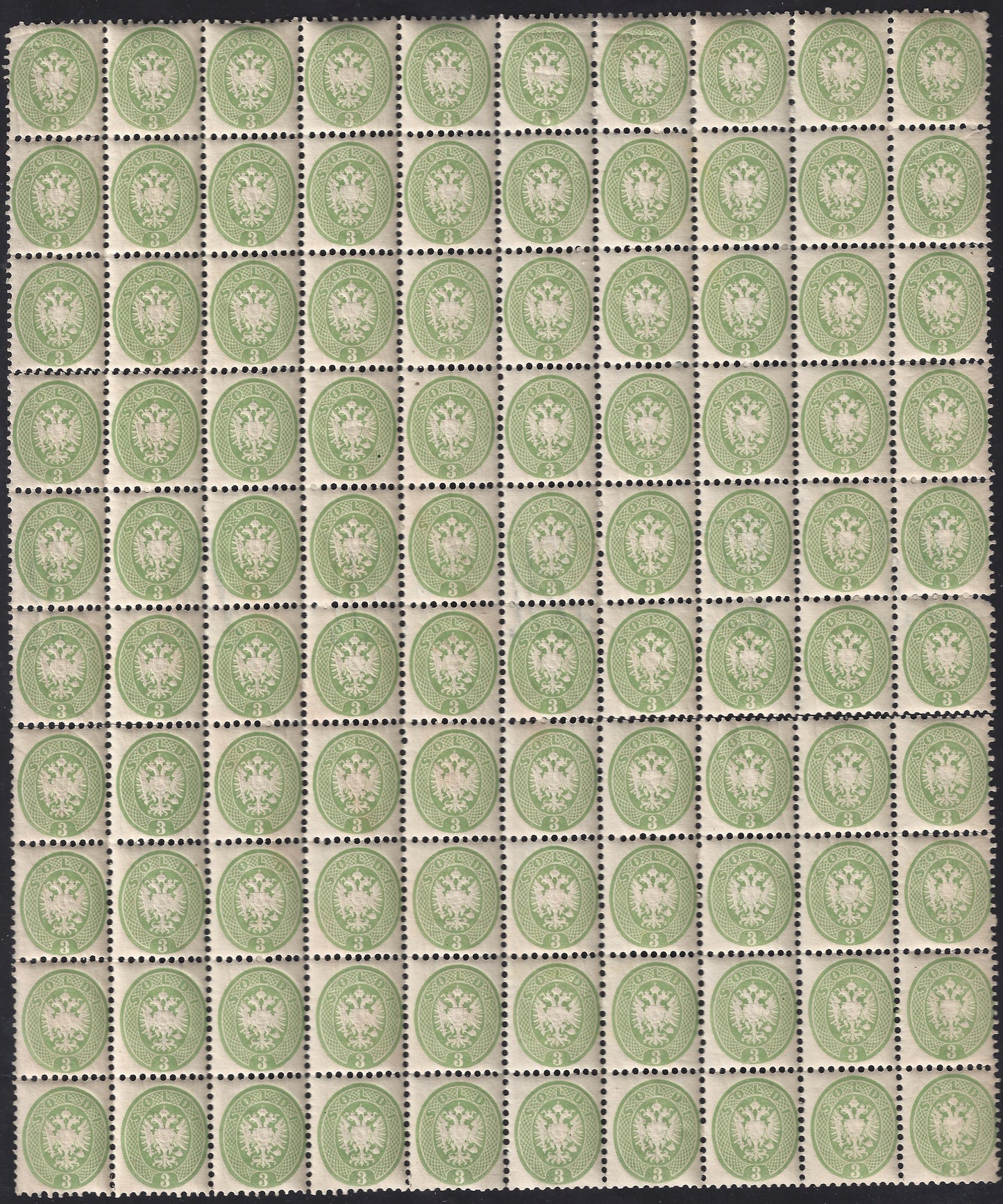 1864 - Lombardo Veneto V emissione s. 3 verde foglio completo di 100 esemplari nuovo con gomma integra (42)