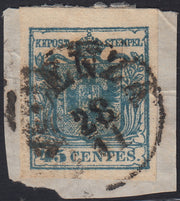 1858 - Franqueo adeudado para periódicos, 4 kr. Rojo opaco usado en restos de periódico (4)