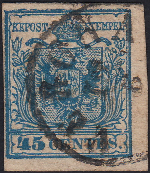 LV443 - 1850 - I emissione c. 45 azzurro vivo III tipo usato VERONA (12a)