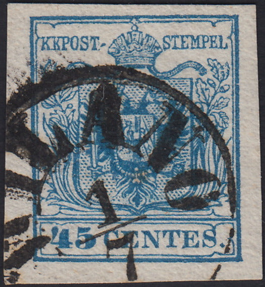 LV445 - 1850 - I emissione c. 45 azzurro III tipo usato MILANO 1/7 (12)