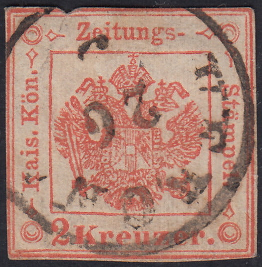 LV449 - 1858 - Segnatasse per Giornali 2 kr. rosso smorto usato (3a)