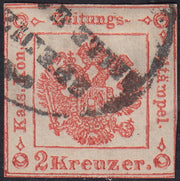 1858 - Franqueo adeudado para periódicos, 4 kr. Rojo opaco usado en restos de periódico (4)