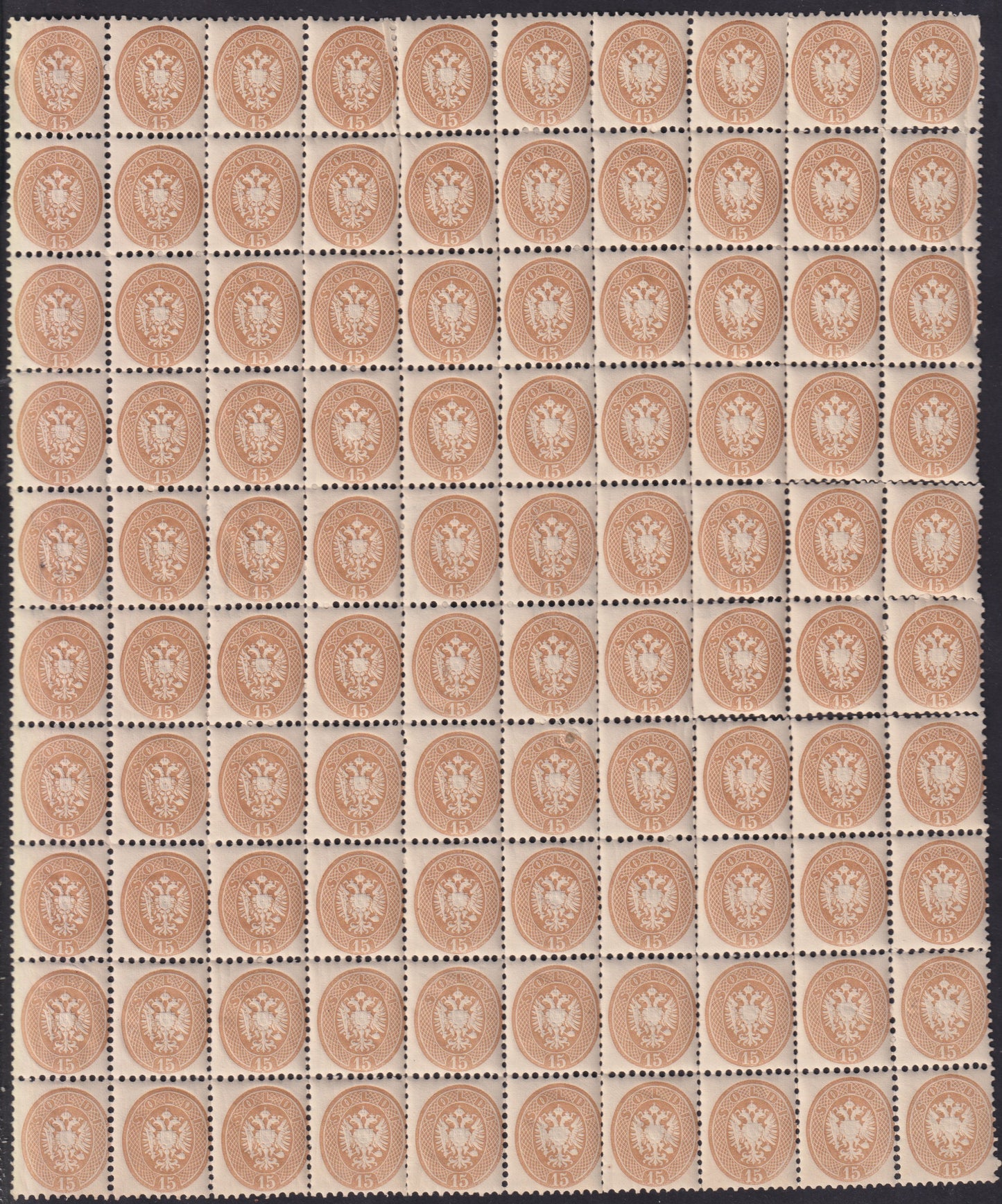 1864 - Lombardo Veneto V emissione s. 15 bruno foglio completo di 100 esemplari nuovo con gomma integra (45)
