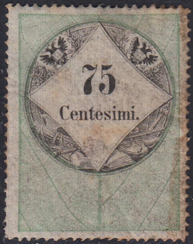 LVF25 - 1854 - Fiscali, tiratura calcografica, c. 75 verde e nero nuovo con gomma (10)