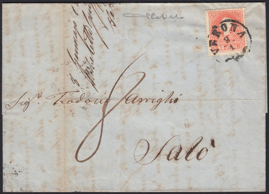 LVSP34 1860 - Letter sent from Verona to Salò 8/1/1860 22/1/1970 franked with red s.2 II issue II type (30). 