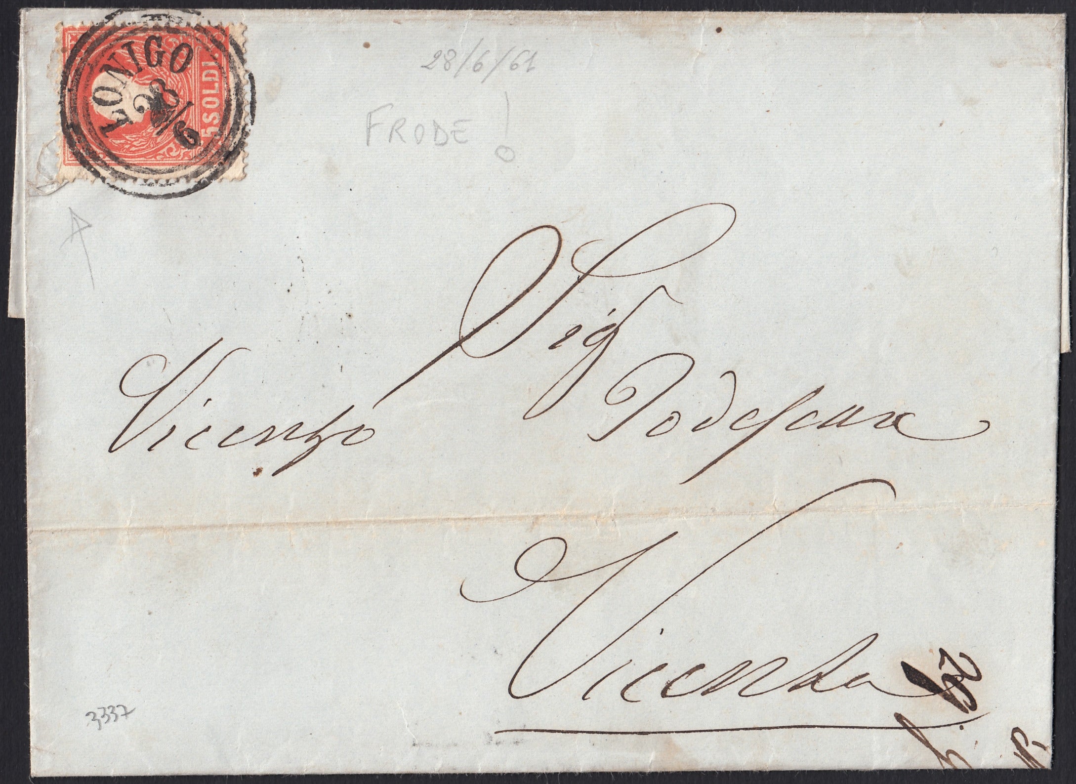 LVSP40 - 1858 - II emissione II tipo, s. 5 rosso usato in probabile frode su lettera da Lonigo per Vicenza 28/6/61 (25)