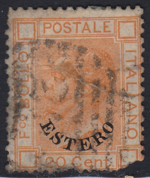 LEV19 - 1878/79 - Levante, Emissioni Generali, c. 20 arancio tipo "Bigola" soprastampato ESTERO usato (11)