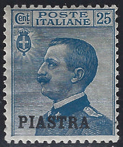 LEV1 - 1908 - Michetti c. 25 azzurro soprastampato "PIASTRA" invece di "1 PIASTRA" nuovo con gomma (11caa)