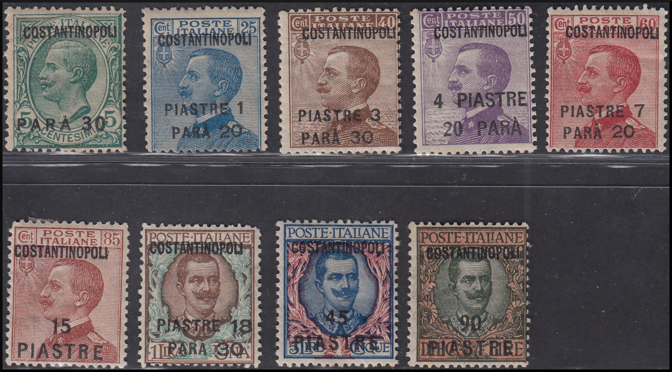 LEVCOST31 - 1923 - Francobolli soprastampati con nuovo valore in piastre e para e scritta COSTANTINOPOLI In alto, nove esemplari nuovi con gomma originale (76/84)