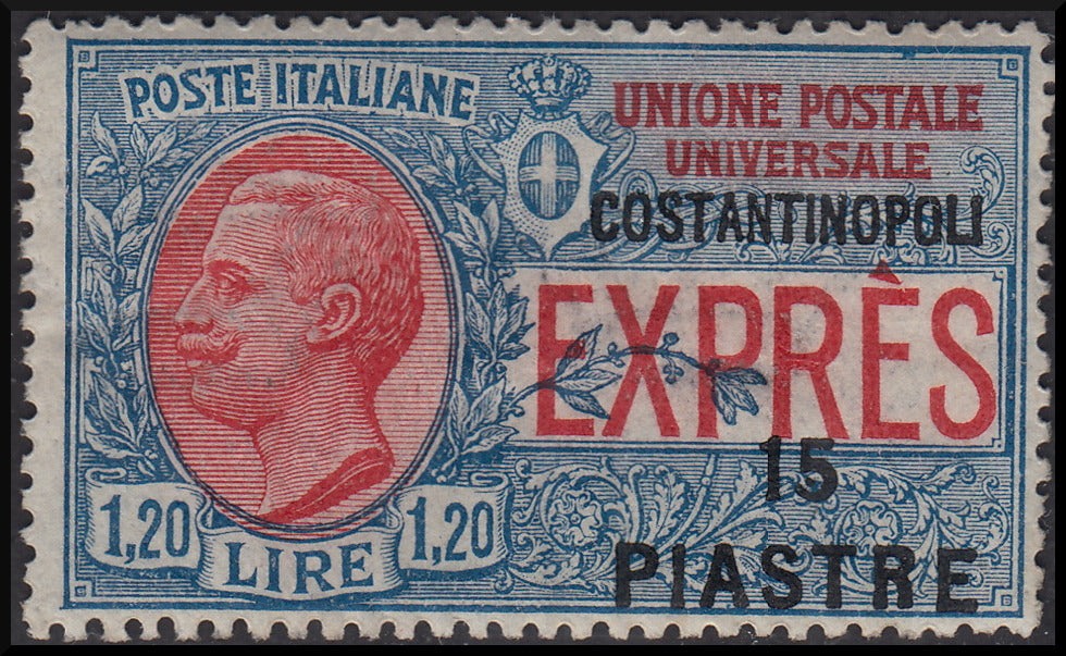 LEVCOST37 - 1923 - Espresso per l'estero d'Italia suprastampato localmente con nuovo valore 15Pi su L. 1,20 azzurro e rosso e COSTANTINOPOLI in alto nuovo con gomma originale (4)