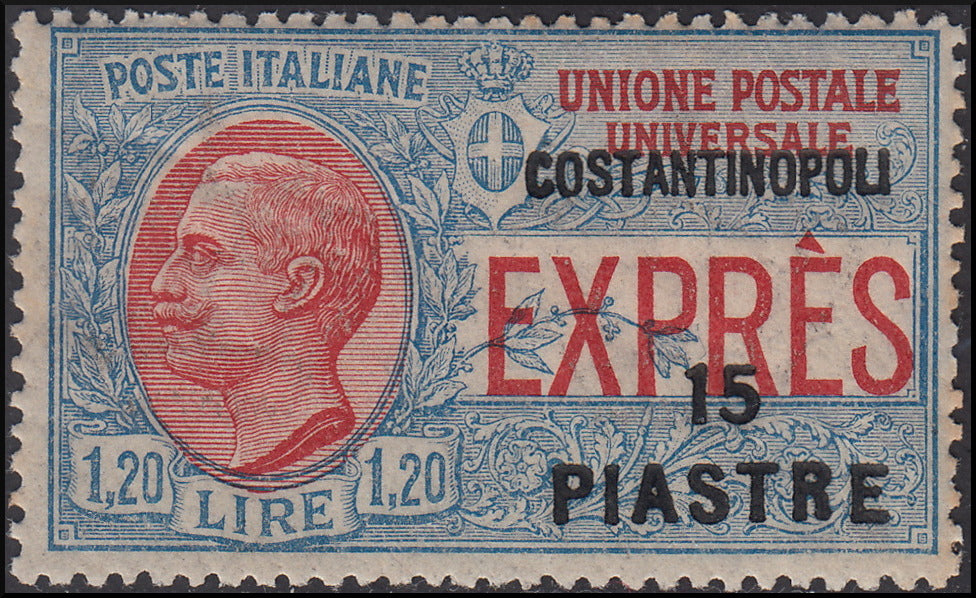 LEVCOST47 - 1923 - Espresso per l'estero d'Italia suprastampato localmente con nuovo valore 15Pi su L. 1,20 azzurro e rosso e COSTANTINOPOLI in alto nuovo con gomma originale (4)