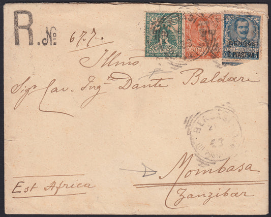 Levpv100 - 1903 - Lettera spedita da Bengasi per Mombasa (Zanzibar) affrancata con Floreale c. 5 verde azzurro + c. 20 arancio + 1 p. su c. 25 azzurro soprastampa BENGASI (70, 72 + 1)