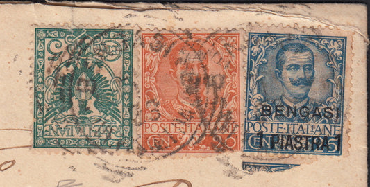 Levpv100 - 1903 - Lettera spedita da Bengasi per Mombasa (Zanzibar) affrancata con Floreale c. 5 verde azzurro + c. 20 arancio + 1 p. su c. 25 azzurro soprastampa BENGASI (70, 72 + 1)