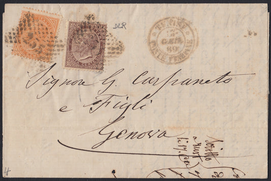 Levpv3 - 1869 - Lettera spedita da Tunisi Poste Italiane per Genova 17/1/69 affrancata con c. 10 ocra arancio + c- 30 bruno scuro De La Rue tiratura di Londra (L17 + L19)