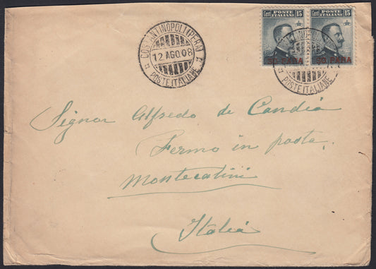 Levpv57 - 1908 - Lettera spedita da Costantinopoli per Montecatini 12/8/1908 affrancata con 3a emissione locale 30pa. su c. 15 grigio due esemplari (15)