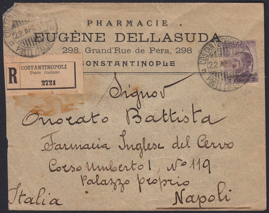 Levpv58 - 1911 - Lettera spedita da Costantinopoli per Napoli 22/4/1911 affrancata con emissione di Torino 2p. su c. 50 violetto (24)
