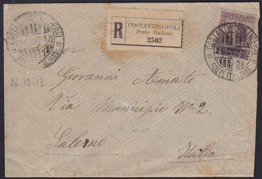 Levpv59 - 1913 - Lettera spedita da Costantinopoli per Salerno 26/12/13 affrancata con emissione di Torino 2p. su c. 50 violetto (24)