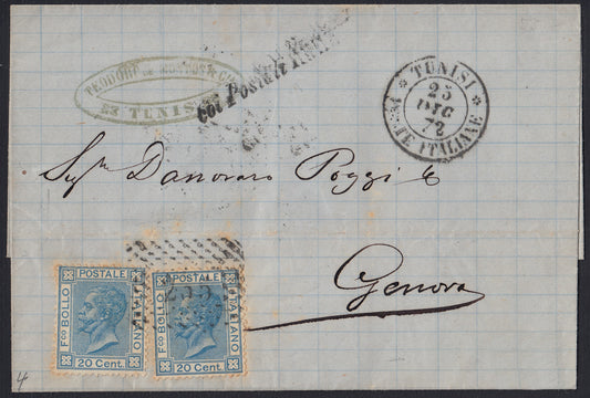 Levpv5 - 1872- Lettera spedita da Tunisi Poste Italiane per Genova 25/12/72 affrancata con c. 20 bigola azzurro tiratura di Torino due esemplari (T26)
