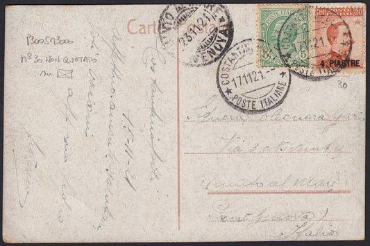 Levpv60 - 1921 - Cartolina spedita da Costantinopoli per Quinto 23/11/21 affrancata con Leoni c. 5 verde + 5a emissione locale 4pi. su c. 20 arancio (81 + 30)