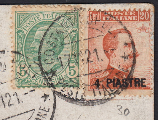 Levpv60 - 1921 - Cartolina spedita da Costantinopoli per Quinto 23/11/21 affrancata con Leoni c. 5 verde + 5a emissione locale 4pi. su c. 20 arancio (81 + 30)