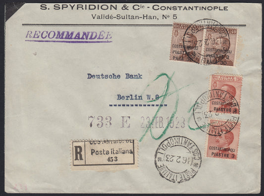Levpv64 - 1923 - Lettera raccomandata spedita da Costantinopoli per Berlino 16/2/23 affrancata con emissione di Torino 3p. su c.30 bruno arancio due esemplari + 3,30p. su c. 40 bruno due esemplari (43 + 44)
