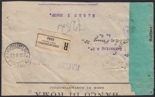 Levpv65 - 1922 - Lettera raccomandata spedita da Costantinopoli per Hagen 22/8/22 affrancata con emissione di Torino 1,20 piastre blocco di dieci esemplari, censurato (42)