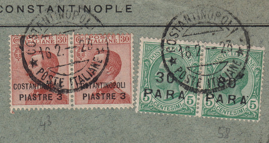 Levpv68 - 1923 - Lettera da Costantinopoli per Berlino 29/8/22 affrancata con em. di Torino 3 p. su c. 30 rosso bruno x 2 + 8a emissione locale 30pa. su c. 5 verde x 2 (43 + 58)