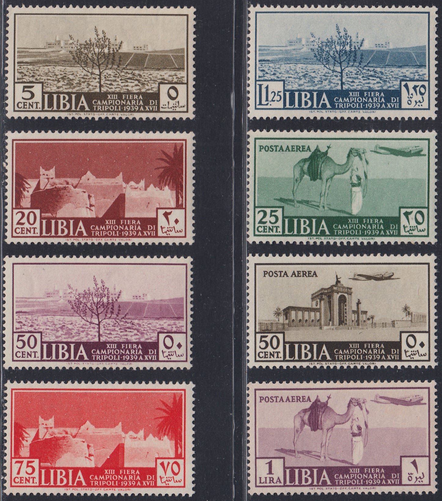 Libia15 - 1939 - 13a Fiera di Tripoli, serie completa di Posta Ordinaria + Posta Aerea, nuovi con gomma originale (158&162 + A38/A40).