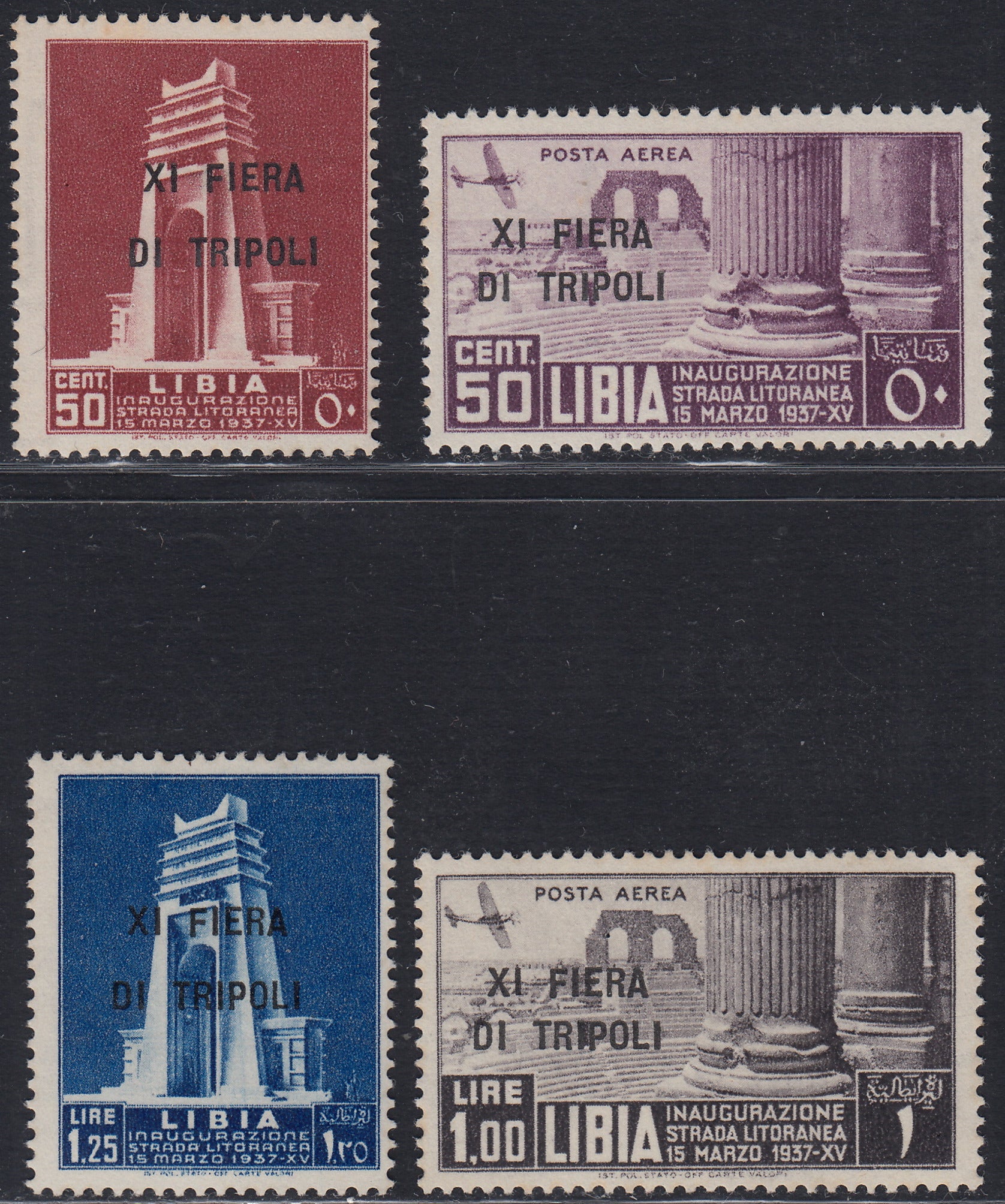 Libya17 - 1937 - XIth Tripoli fair, overprinted coastal road stamps, new with original gum (142/143 + A32/33).