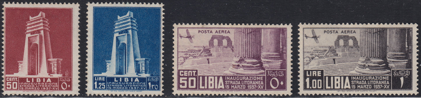 Libia18 - 1937 - Inaugurazione dlla Strada litoranea libica, serie completa di posta ordinaria + posta aerea nuova con gomma originale. (140/142 + A30/31).