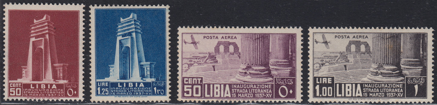 Libya19 - 1937 - Inauguration of the Libyan coastal road, complete set of ordinary mail + new airmail with original tyre. (140/142 + A30/31).