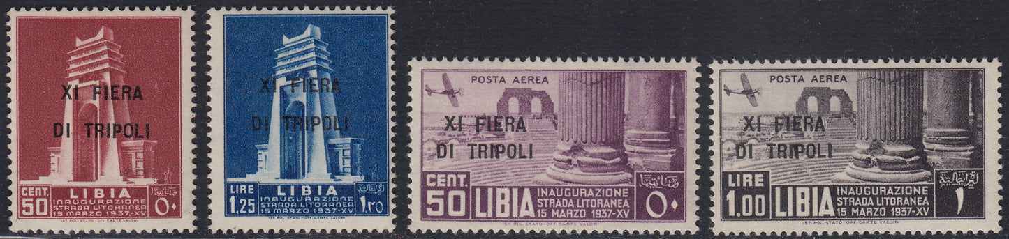 Libia20 - 1937 - XIa fiera di Tripoli, francobolli della Strada Litoranea soprastampati, nuovi con gomma integra (142/143 + A32/33).