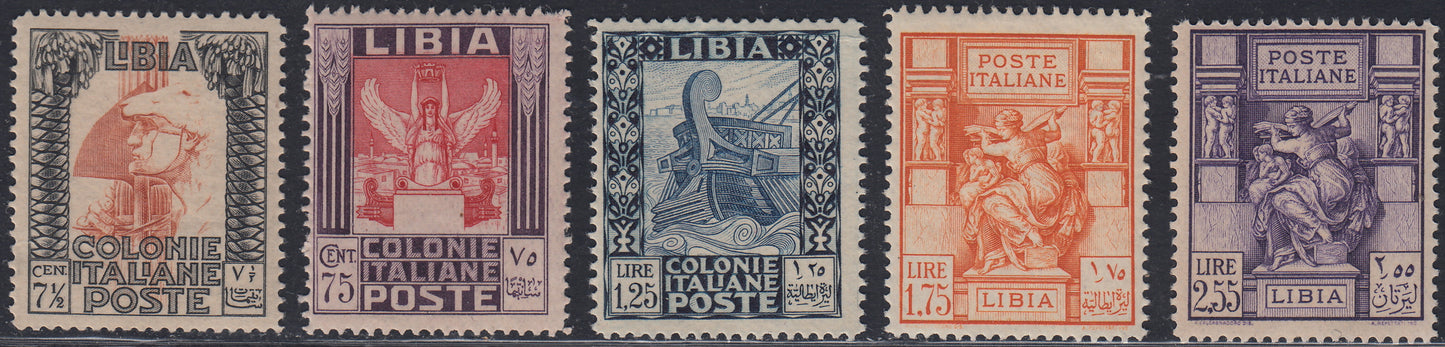 Libia24 - 1931 - Serie Pittorica e Sibilla Libica, serie di cinque valori dentellatura 14, nuovi con gomma integra (102/107).
