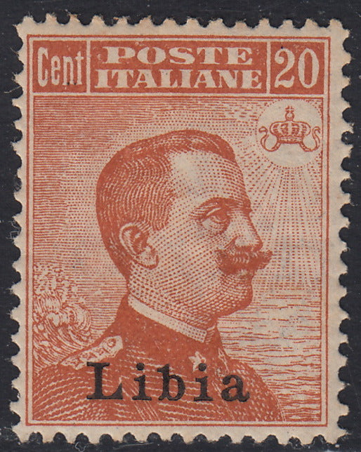 Libia27 - 1918 - Francobollo tipo Michetti c. 20 arancio soprastampato Libia, nuovo con gomma originale (20).