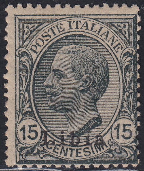 Libia28 - 1921 - Francobollo tipo Leoni 15c. grigio soprastampato Libia, nuovo con gomma originale (33).