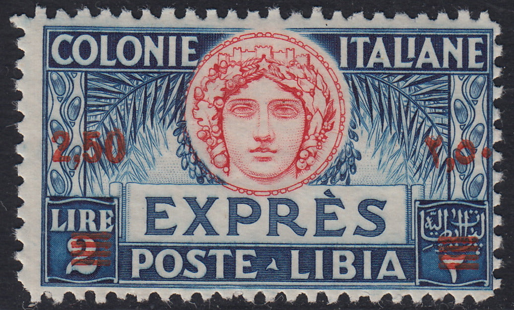 Libia3 - Espresso per l'Estero L. 2,50 on L. 2 light blue and carmine, red overprint and perforation 11 new intact rubber (13).