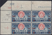 Libia42 - 1927/33 - Libia Espresso Italia Turrita L. 2,50 su L. 2 azzurro e carminio blocco di 4 esemplari di cui il primo con varietà "virgola attaccata alla cifra 2" nuovo integro (13 + 13d)